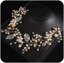 Gold Leaf Hair Vine Bridal Pearl Crystal Hair Vine Headband Flower Headpiece Gol