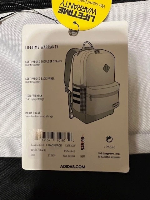 Adidas Classic 3S II Backpack Laptop White/Black New Tags - Image 3 of 4