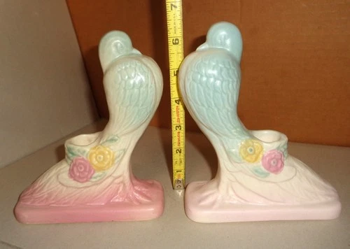 VINTAGE HULL OPEN ROSE DOVE CANDLE HOLDERS SET BLUE WITH PINK BASE