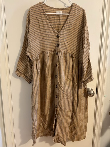 Offon Women’s 100% Linen Mustard Stripe Button Down Midi Dress L