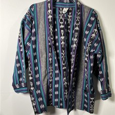 Vintage Guatemala Hand Woven Jacket Size Medium Teal Purple Boho Ethnic Tribal