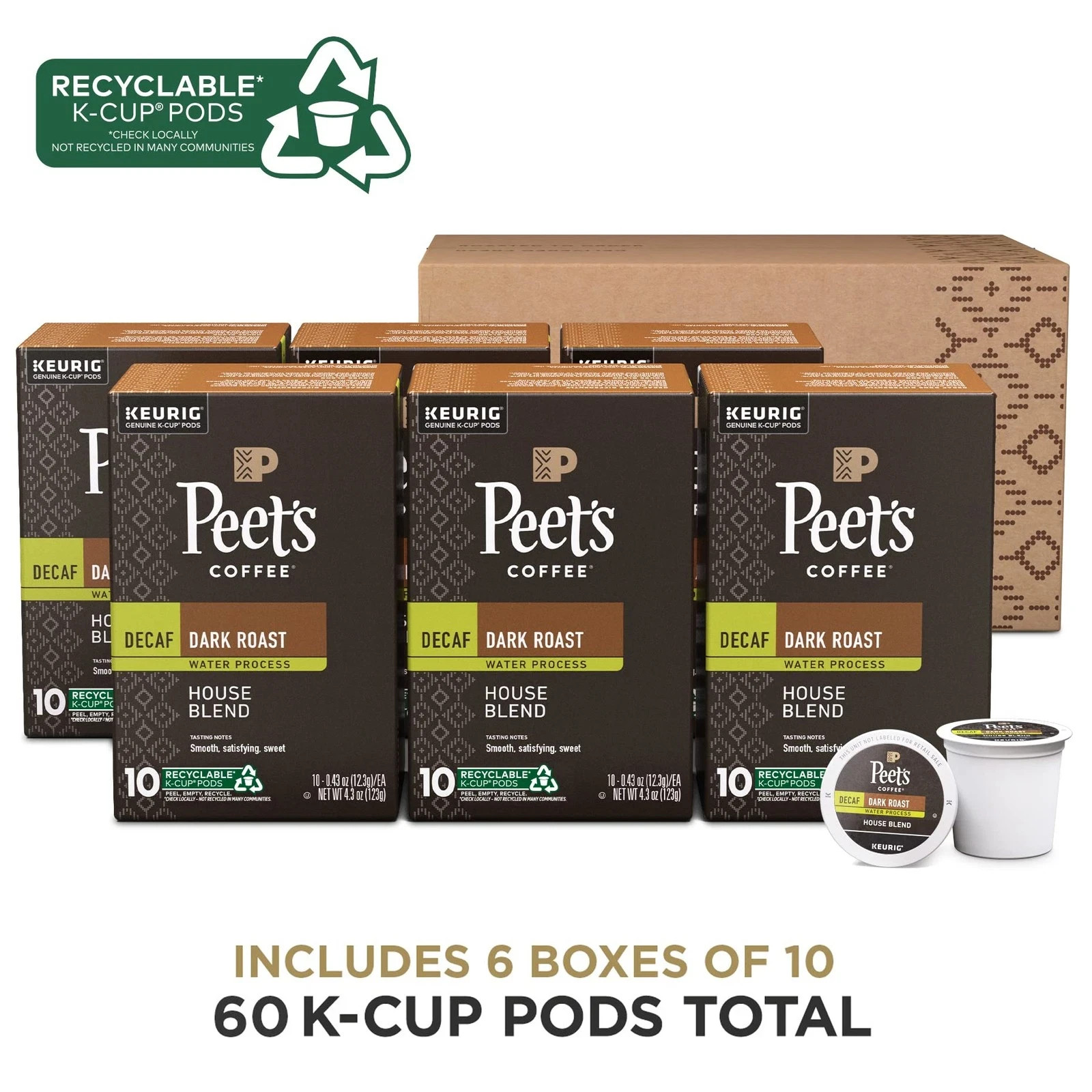 Peet&rsquo;s Decaf House Blend K Cup Pods 60 Ct Dark Roast Arabica Coffee - BB 01/2026