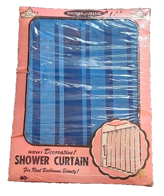 #ad VTG 1960s Ex Cell SHOWER CURTAIN BLUE STRIPE 72quot;x72quot; NOS Vinyl Plastic Made USA $35.95
