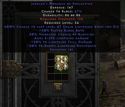 JMOD Monarch Shield 147Def 4x Jewels White Javazon Diablo 2 D2r Non Ladder PC SC