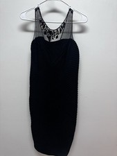 Adrianna Papell Ruched Jewel / Illusion Neck Sexy Black Cocktail Dress Size 12