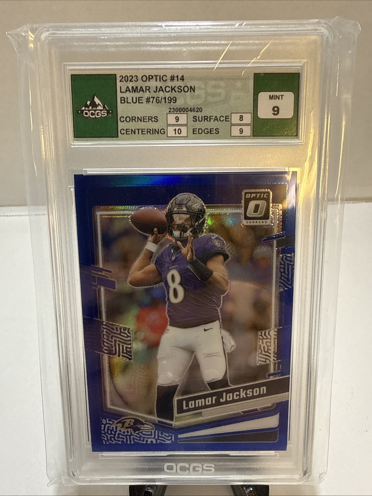 2023 Panini Donruss Optic Lamar Jackson #14 Blue Prizm /199 OCGS 9 Mint