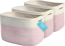 Set of 3 pink woven storage baskets, decorative cotton rope storage basket