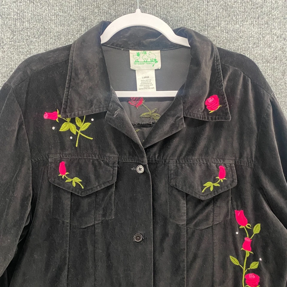 The Quacker Factory Jacket Womens L Black Velvet Button Up Embroidered Floral - Image 2 of 4