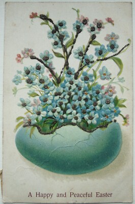 Antike Frohe Ostern Grußkarte Postkarte geprägtes Ei & Vergissmeinnicht