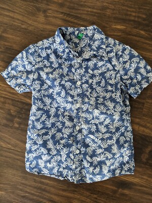 EUC Size 4 United Colors of Benetton Short Sleeve Button Shirt Boy Blue Palm