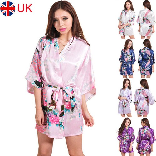 UK Peacock Satin Robe Wedding Bridesmaid Kimono Dressing Gown Sleepwear Bathrobe - Picture 15 of 21