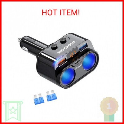 SUPERONE 200W 2-Socket Cigarette Lighter Splitter Power Adapter, USB C Car Charg