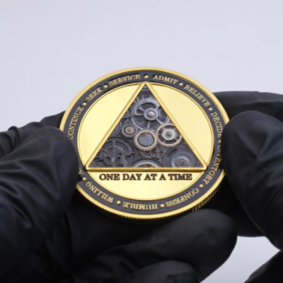 One Day at a Time Sobriety Coin Gears Clock 12 Steps AA Medallion
