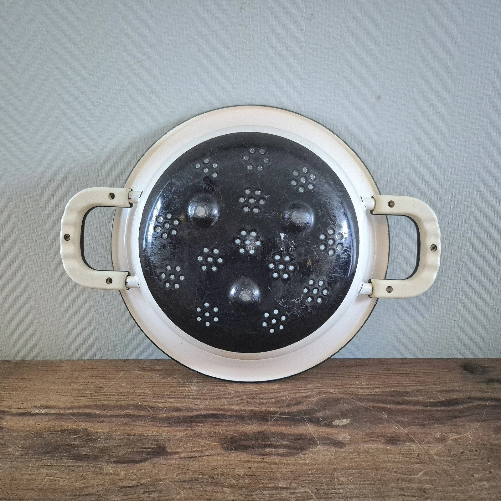 VINTAGE Dutch COLANDER Enamelware Offwhite Black Retro 1960's Sixties Strainer
