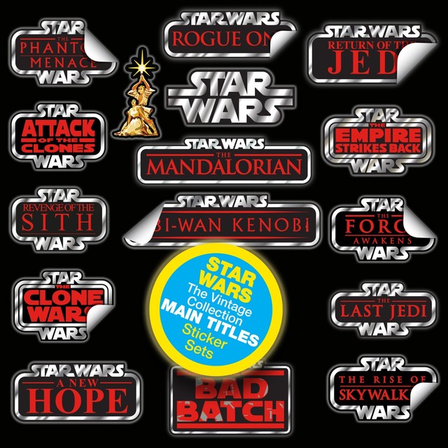 Set of 16 STAR WARS SAGA "Main Titles" Vintage Collection style vinyl stickers Set of 16 STAR WARS SAGA "Main Titles" Vintage Collection style vinyl stickers