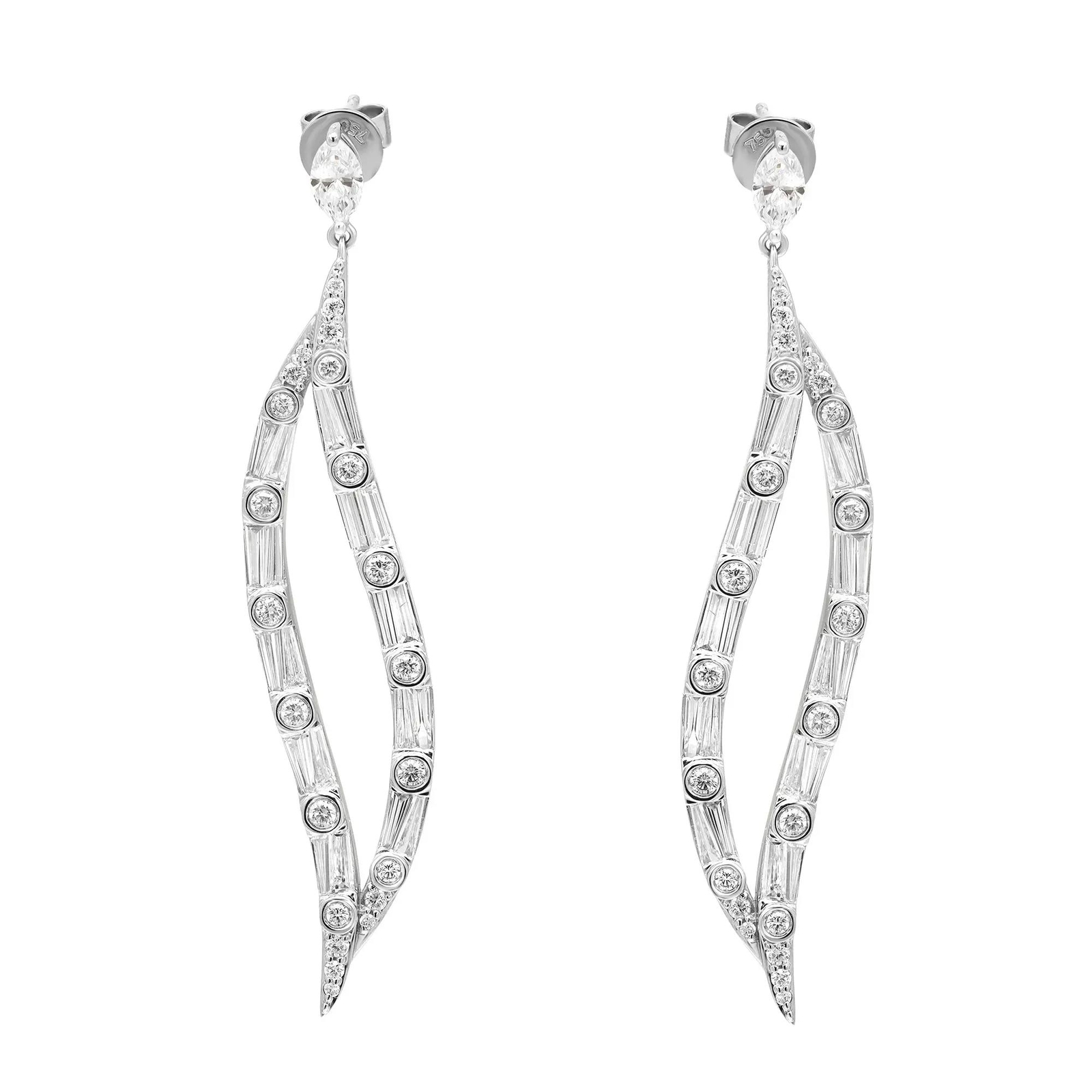 Marquise, Round & Tapered Baguette Diamond Drop Earrings 18K White Gold 3.41Cttw