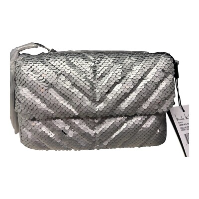 Nicole Miller Silver Sequin Crossbody Bag Chain Strap Convertible Clutch NWT