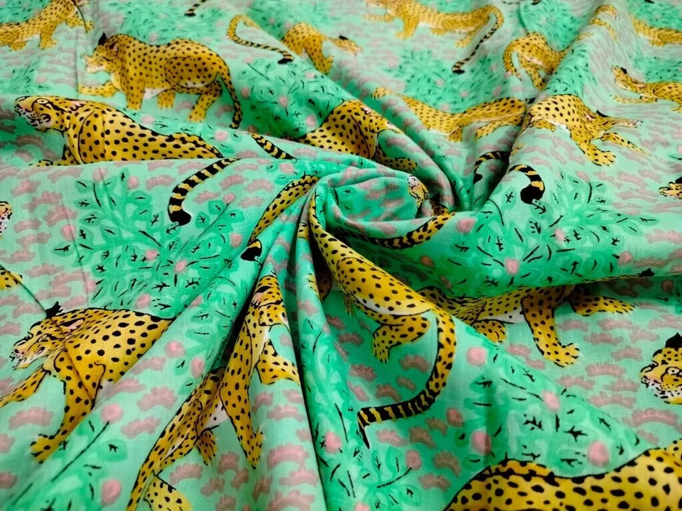 25 Yards Fabric Indian Green Tiger Hand Printed Cotton Fabric Sewing Fabrics - Image 2 of 4