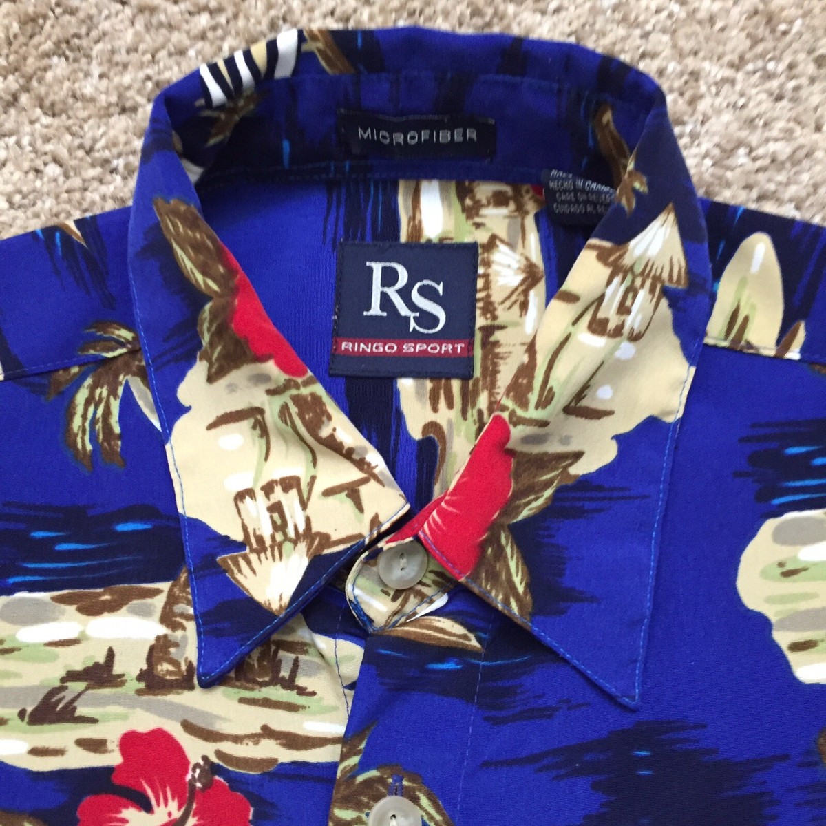 Ringo Sport Shirt Mens Small Blue Hawaiian Microfiber Short Sleeve