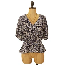 Sienna Sky Peplum Top Size S Button Front Short Sleeve Blue White EUC B33