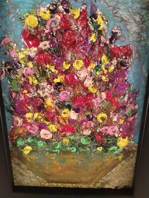 13 in Framed Oil Acrylic painting on 5x7 board.  Flowers raised textured Impress