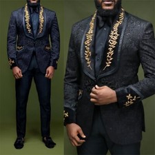 1/2-Piece Men Suits Golden Black Jacquard Jacket Pants Party Elegant New