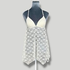 Linea Donatella Asymmetrical Sheer White Lace Mini Babydoll Lingerie Dress Small