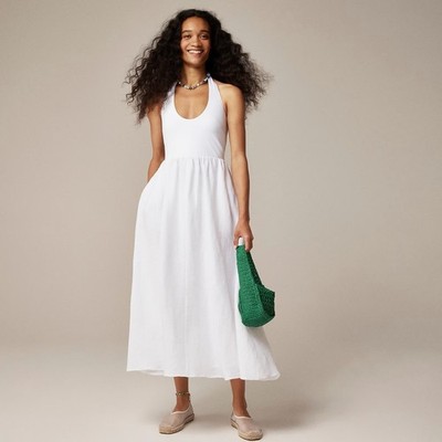 J.Crew Sz Small Halter Mixy Dress A-line 100% Linen Pocket Skirt In White NWOT