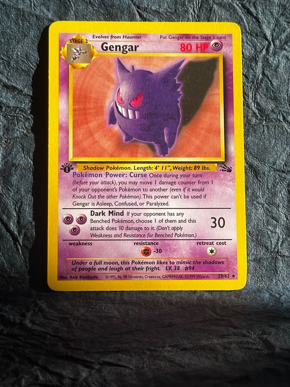 Gengar Fossil 20/62 1st Edition Rare Base Set Pokemon Card - LP