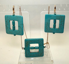 Turquoise Howlite Geometric Necklace Earrings Set Gold Tone Statement Boho