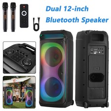 Portable Bluetooth Speaker Dual 12'' Subwoofer FM Heavy Bass Sound Karaoke W/Mic