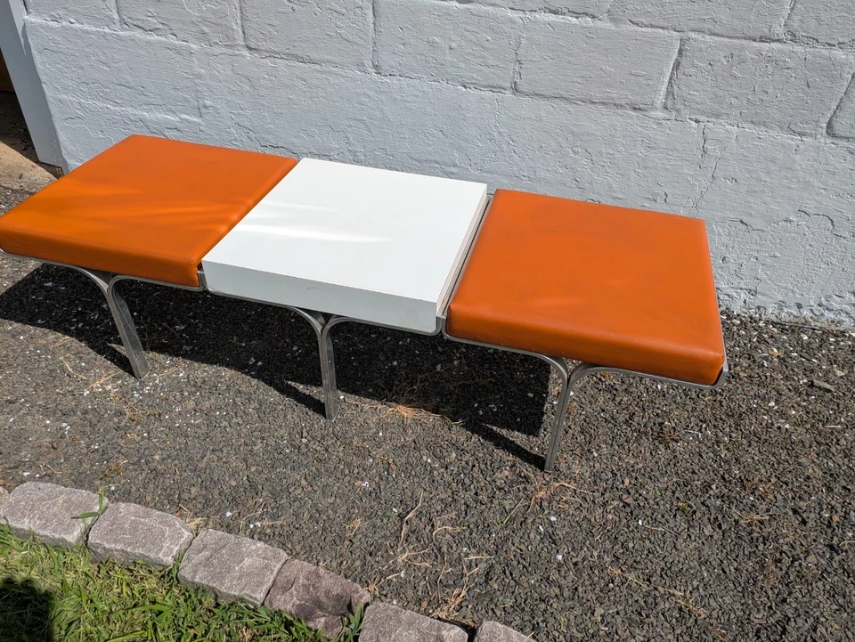 Винтажная мебельная скамья MCM John Behringer JG оранжевая и белая - Изображение 3 из 4