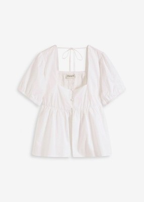 Bluse mit Puffärmeln und Knöpfen Gr 48 Weiß Damen Top Shirt Tunika Oberteil Neu*