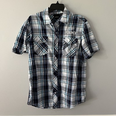 Burnside Monument Brewery Men s Size L Short Sleeve Plaid Embroidered Shirt