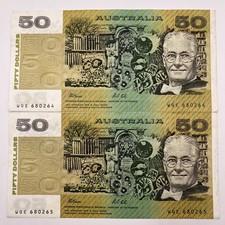 2x 1991 (R513b) $50 Consecutive Banknotes - EF - Fraser / Cole no Plate Letter