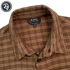 Mens Small A.P.C. Brown Mini Plaid Wool Blend Button Front Flannel shirt