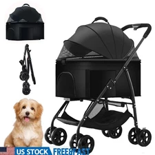 Pet Stroller Dog Cart Portable Folding Carrier W/ Safety Belts & Storage New