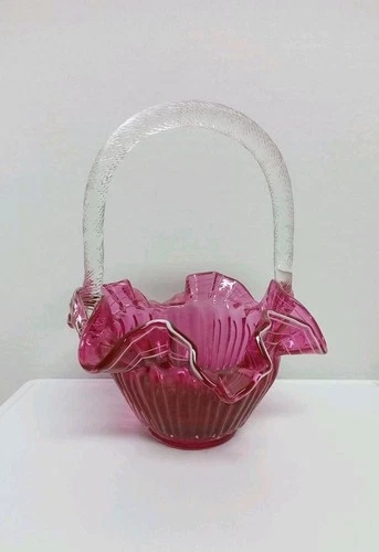 Fenton Cranberry Glass Basket Ruffled Edge White Trim Clear Handle Vintage