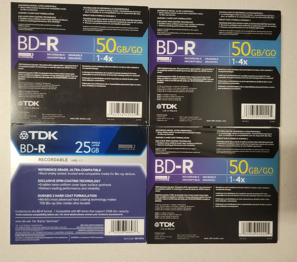 4 x TDK BD-R Blank Recordable Blu-Ray Disc 50GB 4x Speed NEW Foto 3 de 3