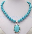 Natural 8mm Blue Turquoise Round Gemstone Beads Oval Pendant Necklace AAA