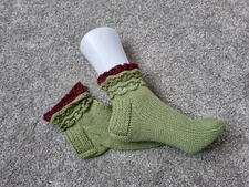 Handmade green red woman's knitted socks