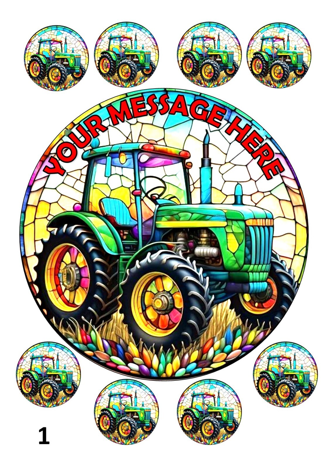 TRACTOR /S CAKE TOPPER ROUND EDIBLE ICED ICING 7.5"" + 8 CUPCAKE TOPPERS
