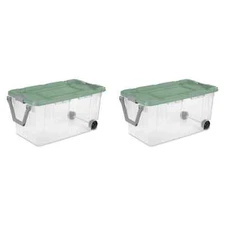 40 Gallon Storage Box Wheeled Industrial Tote Plastic Bin Flat Green Set Of 2