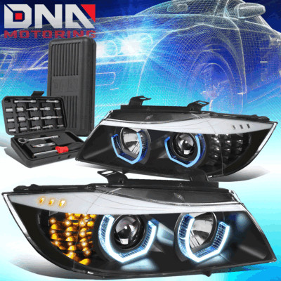 FOR 2009-2012 BMW E90 3-SERIES 3D U-HALO W/BLUE LED HEADLIGHT LAMPS+TOOLS BLACK