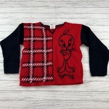 Vintage Girls Sweater Tweety Looney Tunes Warner Bros Vneck Red Black Large 6X