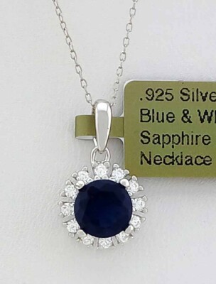 LAB-CREATED 1,10 kt BLAU & WEISSER SAPHIR HALSKETTE .925 Silber - NEU MIT ETIKETT