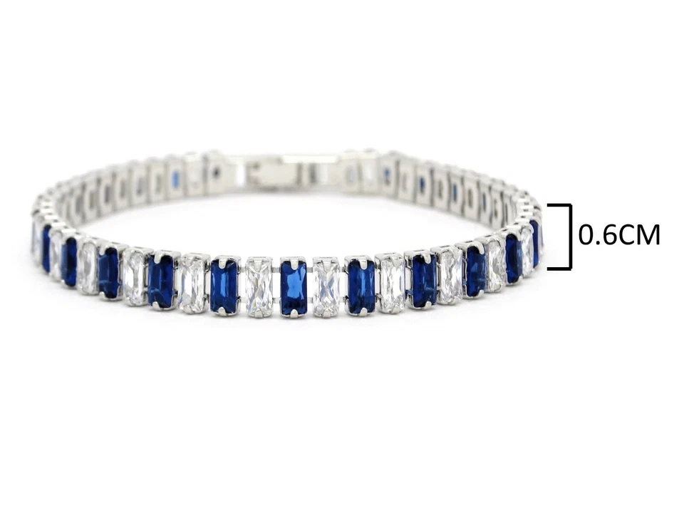 Pulsera de tenis baguette azul profundo brillante y blanco gemas baguette ajuste suave confort Foto 4 de 4