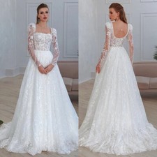 Luxury A-Line Wedding Dresses Square Neck Long Sleeved Lace Applique Bridal Gown