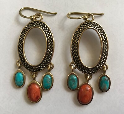 Lovely Barse Thai Turquoise and Carnelian Oval Earrings NOS