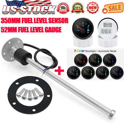 52MM Black Fuel Level Gauge with 350mm Fuel Level Sensor Sender Units 240-33ohms